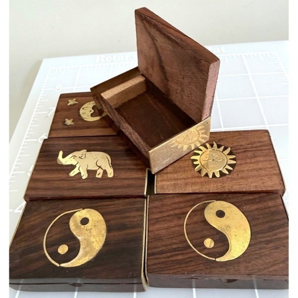 6 Mini Rosewood Trinket Pill Stash Box Brass Inlay Handmade Vintage India 1970s